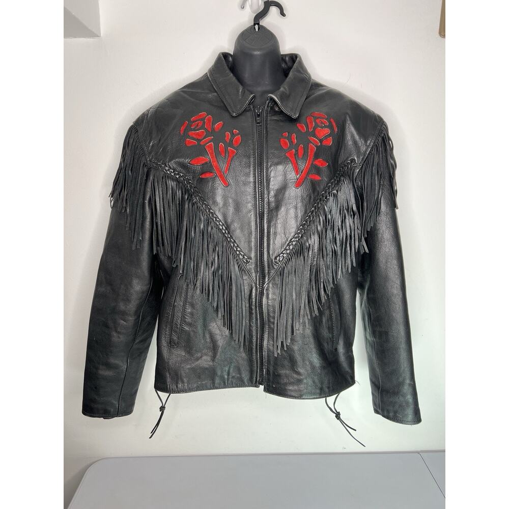 Vintage Shaf Moto Women Fringe Rose Zip Lining Leather Jacket Size XXXL